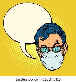 head Emoji epidemic quarantine warning. A man in a medical mask. Pop art retro vector illustration kitsch vintage 50s 60s style