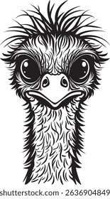 head emu isolated on white background, black and white, vector illustration