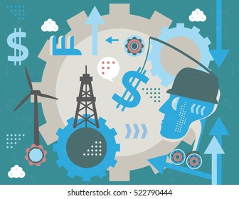 Head in a energy loop, concept with infographics elements and grunge texture.