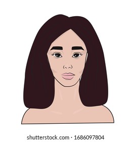 The head of a European girl in face. Portrait of a brunette woman. Social Media Avatar. Vector Flat Illustration