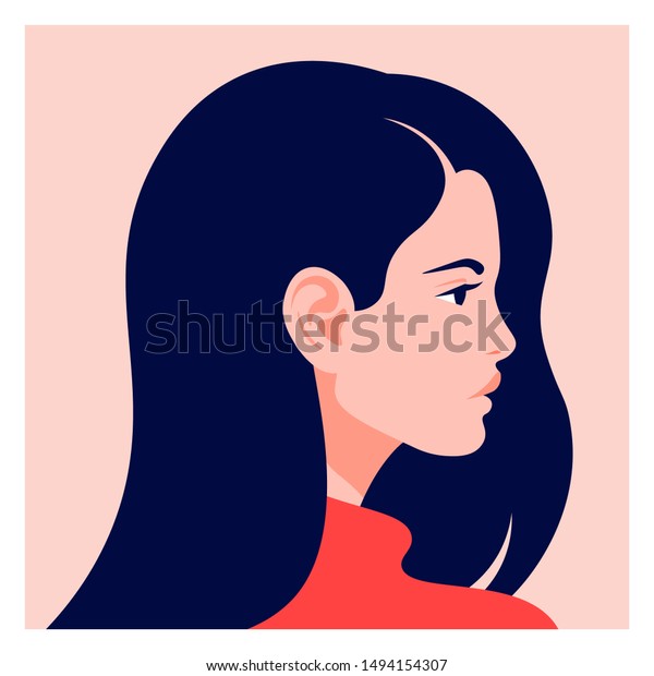 The head of\
a European girl in profile. Portrait of a brunette woman. Social\
Media Avatar. Vector Flat\
Illustration