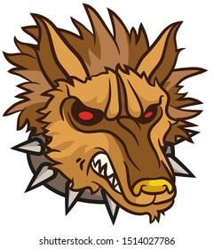 
Head of evil cartoon halloween brown wolf in iron collar with spikes