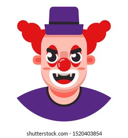 head of an evil clown in a hat. Flat character vector illustration.