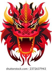 The head of an evil red black dragon with an open mouth and sharp teeth. Red eyes looking angrily. Vector