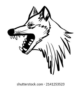 Head of evil wolf with open mouth and sharp teeth. Predatory animal sketch, black line drawing. Scary beast emblem, simple doodle. Vector illustration isolated on white background. Side view dog face