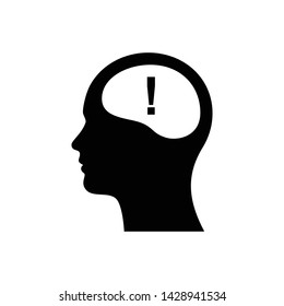 Head with exclamation mark icon. Caution brain logo.