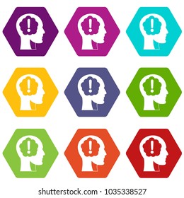 Head with exclamation mark inside icon set many color hexahedron isolated on white vector illustration