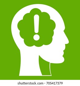 Head with exclamation mark inside icon white isolated on green background. Vector illustration