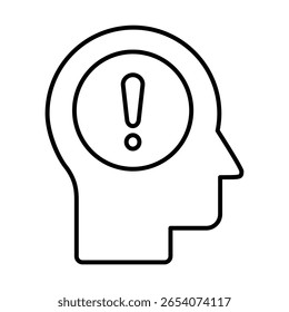 Cabeça com o ícone de linha de ponto de exclamação. Conceito de alerta. Aviso em mente. Ideia da atenção do cérebro humano. Pessoa preocupada e símbolo de ansiedade. Despertar a consciência. Estado de excitação. Ilustração vetorial. 