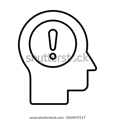 Head with exclamation mark line icon. Alert concept. Warning sign in mind. Human brain attention idea. Worried person and anxiety symbol. Awakening awareness. Excitation state. Vector illustration. 