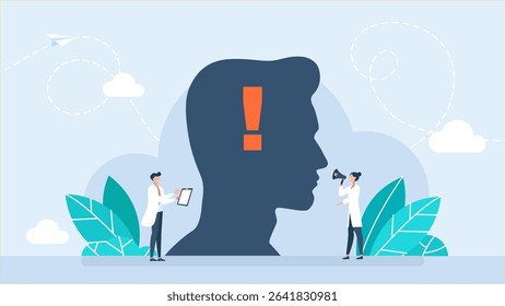 Head, exclamation mark. Mental health risks awareness. Team of doctors or scientists checking human head icon with exclamation mark, symbolize of anxiety disorder. Vector illustration