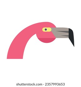 Head of exotic pink flamingo. Muzzle of wild animal cartoon illustration. Wildlife and zoo concept. Sketchy geometric character, mascot. Colored flat vector isolated