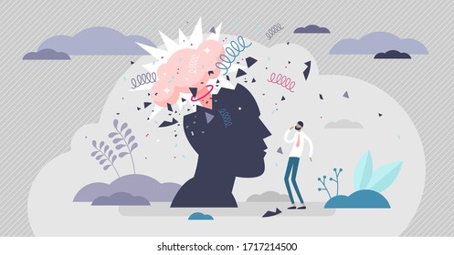 Head Explode Vector Illustration. Mind Blowing Pressure Flat Tiny Person Concept. Abstract Human Silhouette With Mental Mind Blast And Explosion. Not Handling Stress Situation And Anger Problem Crisis