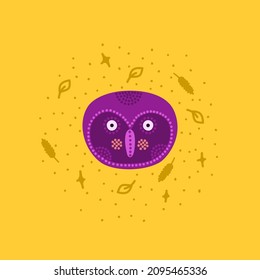 Head with expression of emotions of a funny owl in cartoon style isolated on a colored background.