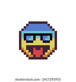 Head in eyeglasses colorful smile, funny face shows tongue, pixel art icon, cartoon character, language emotion. Flat style. 8-bit style. Isolated abstract vector illustration.