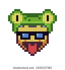 Head in eyeglasses colorful smile, funny face shows tongue with frog hat on head, pixel art icon, cartoon character, language emotion. Flat style. 8-bit style. Isolated abstract vector illustration.