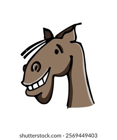 Head, face of a big teeth brown smiling horse cute character. Cartoon style vector illustration.