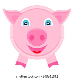 Head with face of cute baby pig. Vector cartoon illustration. Clipart and drawing on white background.  