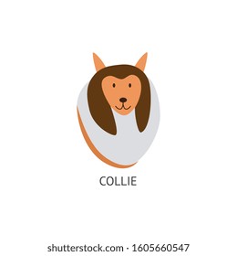 Head with the face of a cute brown collie dog. Dog, pet and animal icon concept, isolated cartoon flat vector illustration.