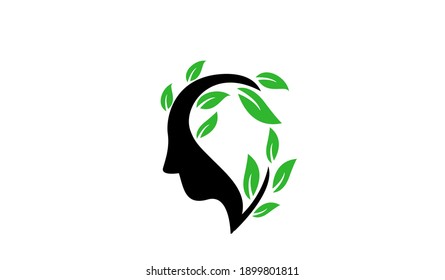 head face with green leaf logo icon design illustration