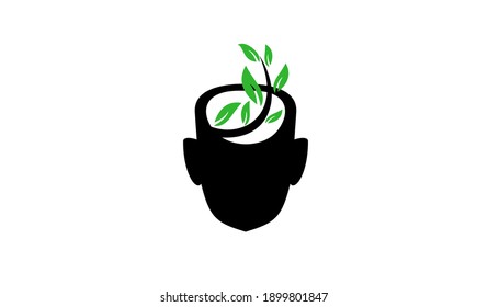 head face with green leaf logo icon design illustration