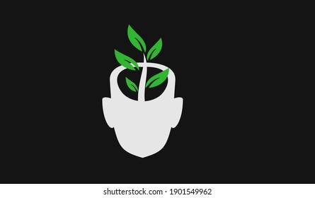 head face with green leaf logo icon design illustration