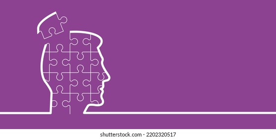 Head, face and jigsaw puzzle pieces. World alzheimer's day. People suffering from the brain disease and memory loss, for neurology, mental illness. Alzheimer disease symptoms. Dementia ribbon.