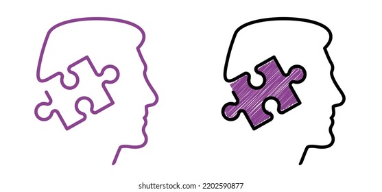 Head, face and jigsaw puzzle pieces. World alzheimer's day. People suffering from the brain disease and memory loss, for neurology, mental illness. Alzheimer disease symptoms.  Dementia ribbon.