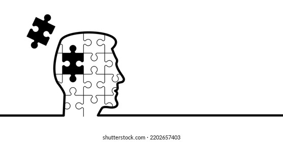 Head, face and jigsaw puzzle pieces. World alzheimer's day. People suffering from the brain disease and memory loss, for neurology, mental illness. Alzheimer disease symptoms. Missing puzzle piece