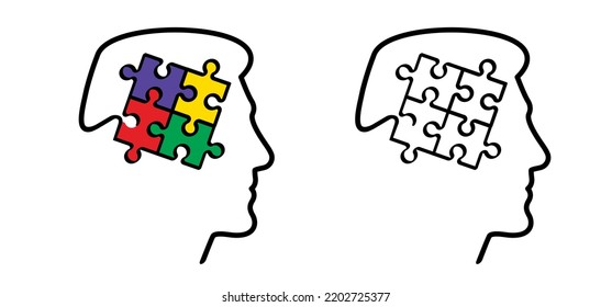 Head, face and jigsaw puzzle pieces. Cartoon autism ribbon. Vector world awareness day. Autism spectrum disorder (ASD) is a neurological and developmental disorder with social skills.