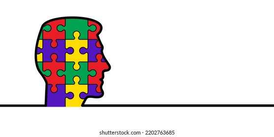 Head, face and jigsaw puzzle pieces. Cartoon autism ribbon. Vector world awareness day. Autism spectrum disorder (ASD) is a neurological and developmental disorder with social skills. Human profile