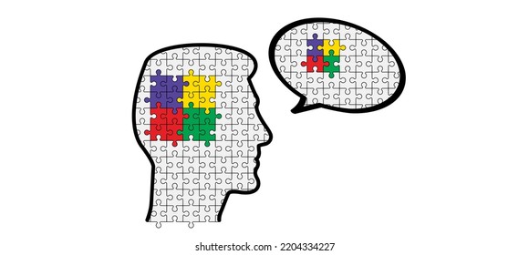 Head, face and jigsaw puzzle pieces. Cartoon autism ribbon. Vector world awareness day. Autism spectrum disorder (ASD) is a neurological and developmental disorder with social skills.