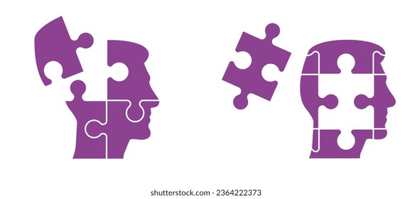 Head, face and jigsaw puzzle pieces. World alzheimer's day. People suffering from the brain disease and memory loss, for neurology, mental illness. Alzheimer disease symptoms. Missing puzzle piece