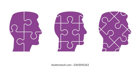 Head, face and jigsaw puzzle pieces. World alzheimer's day. People suffering from the brain disease and memory loss, for neurology, mental illness. Alzheimer disease symptoms. Missing puzzle piece
