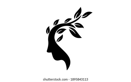 head face with leaf black white logo icon design illustration