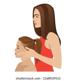 Head and face massage. Two beautiful girls, women. The girl does a massage to another. Isolated vector illustration on white background