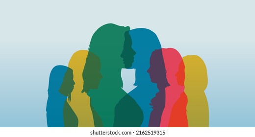 Head face silhouette profile and Social network female community. Group multi-ethnic and international women and girl who communicate and share information. Social network female community. Friendship