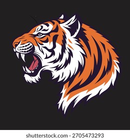 a tiger’s head facing right, with vibrant orange, white, and black fur