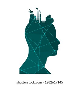 Head with factory for brain. Heavy industry and atom energy. Molecule and communication pattern. Connected lines with dots.