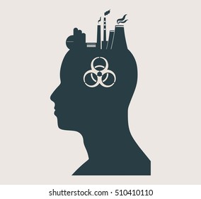 Head with factory for brain. Heavy industry and atom energy. Vector illustration