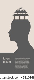 Head with factory for brain. Vector illustration. Energy and Power icons on the pagoda roof. Sustainable energy generation and heavy industry. Vector illustration. Field for text