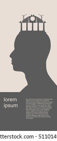 Head with factory for brain. Vector illustration. Energy and Power icons on the greek temple roof. Sustainable energy generation and heavy industry. Vector illustration. Field for text