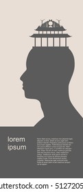 Head with factory for brain. Vector illustration. Energy and Power icons on the pagoda roof. Sustainable energy generation and heavy industry. Vector illustration. Field for text