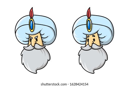 Head of fairytale cartoon sultan in turban, set of two. Flat vector illustration, isolated on white background.