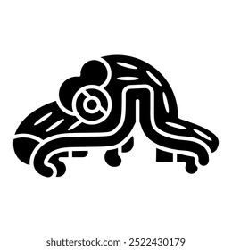 Cabeça de animal fantástico com mandíbula aberta. Desenho étnico dos índios astecas do códice mexicano. Silhueta em preto e branco.