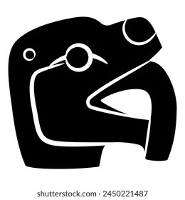 Head of fantastic beast with open mouth. Jaguar or snake with fangs or tongue. Native American art of Maya Indians. Indigenous animal design from ancient Guatemala. Black and white silhouette.