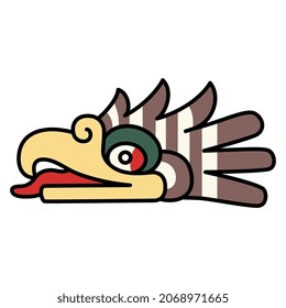 Head of a fantastic bird of prey from Mexican codex. Native American animal design of Aztec Indians. Isolated vector illustration.