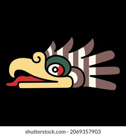 Head of a fantastic bird of prey from Mexican codex. Native American animal design of Aztec Indians. On black background.