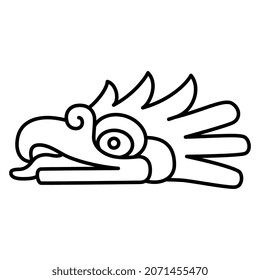 Head of a fantastic bird of prey from Mexican codex. Native American animal design of Aztec Indians. Black and white linear silhouette.