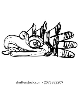 Head of a fantastic bird of prey from Mexican codex. Native American animal design of Aztec Indians. Hand drawn linear doodle rough sketch. Black silhouette on white background.